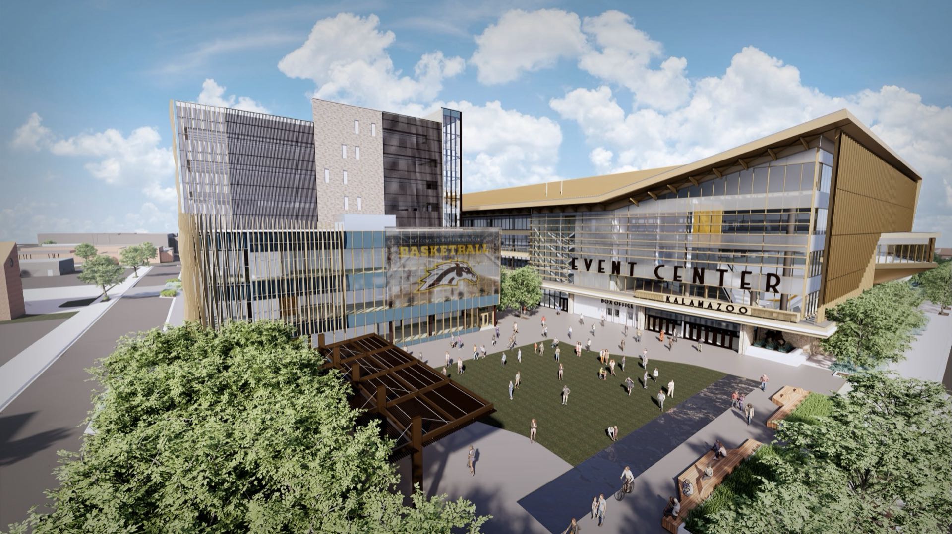 Rendering of the Kalamazoo Event Center, with its plaza and box office entrance